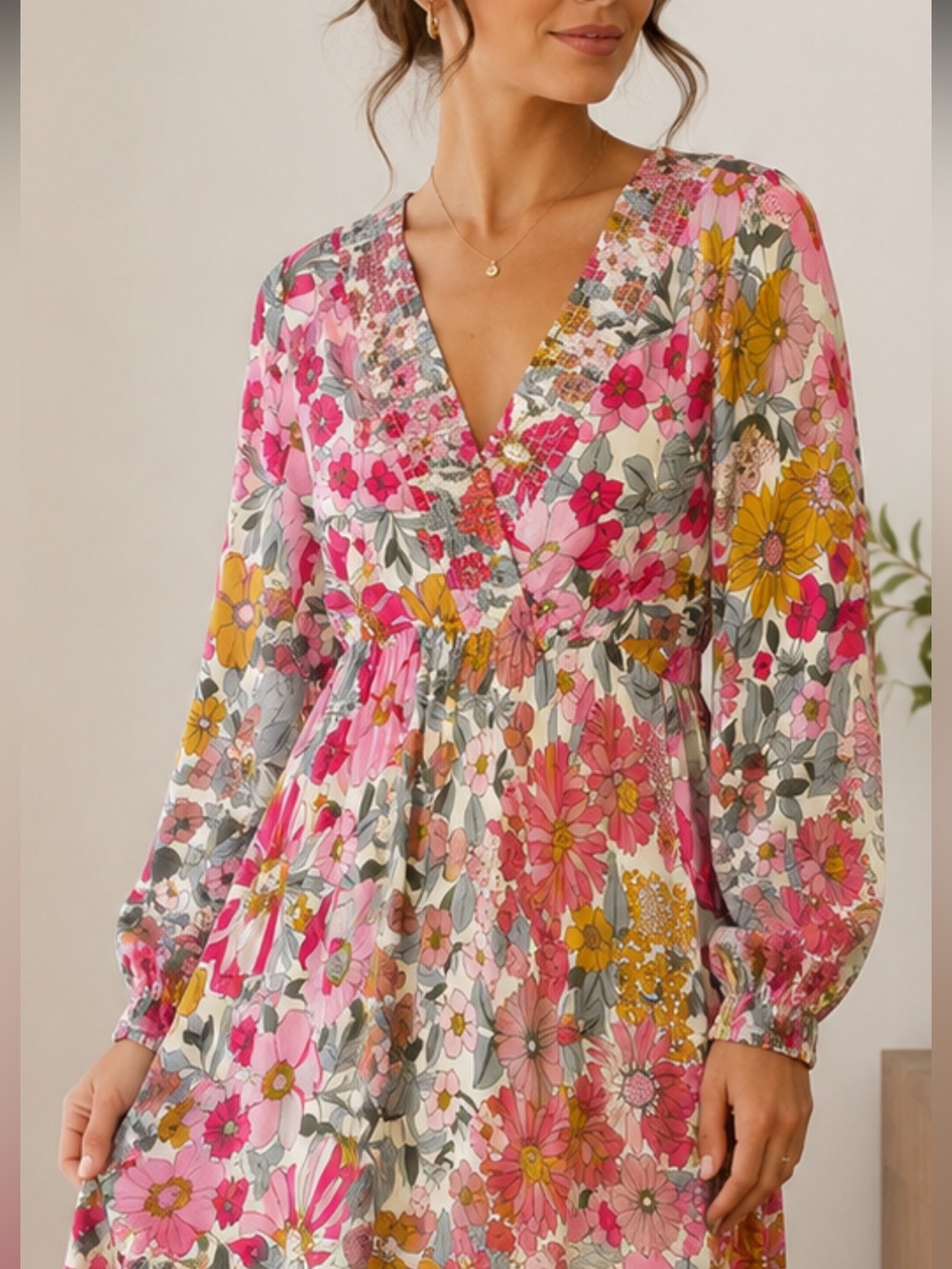 Mikarose Pink Floral V-Neck Long Sleeve Dress with Mustard Accents